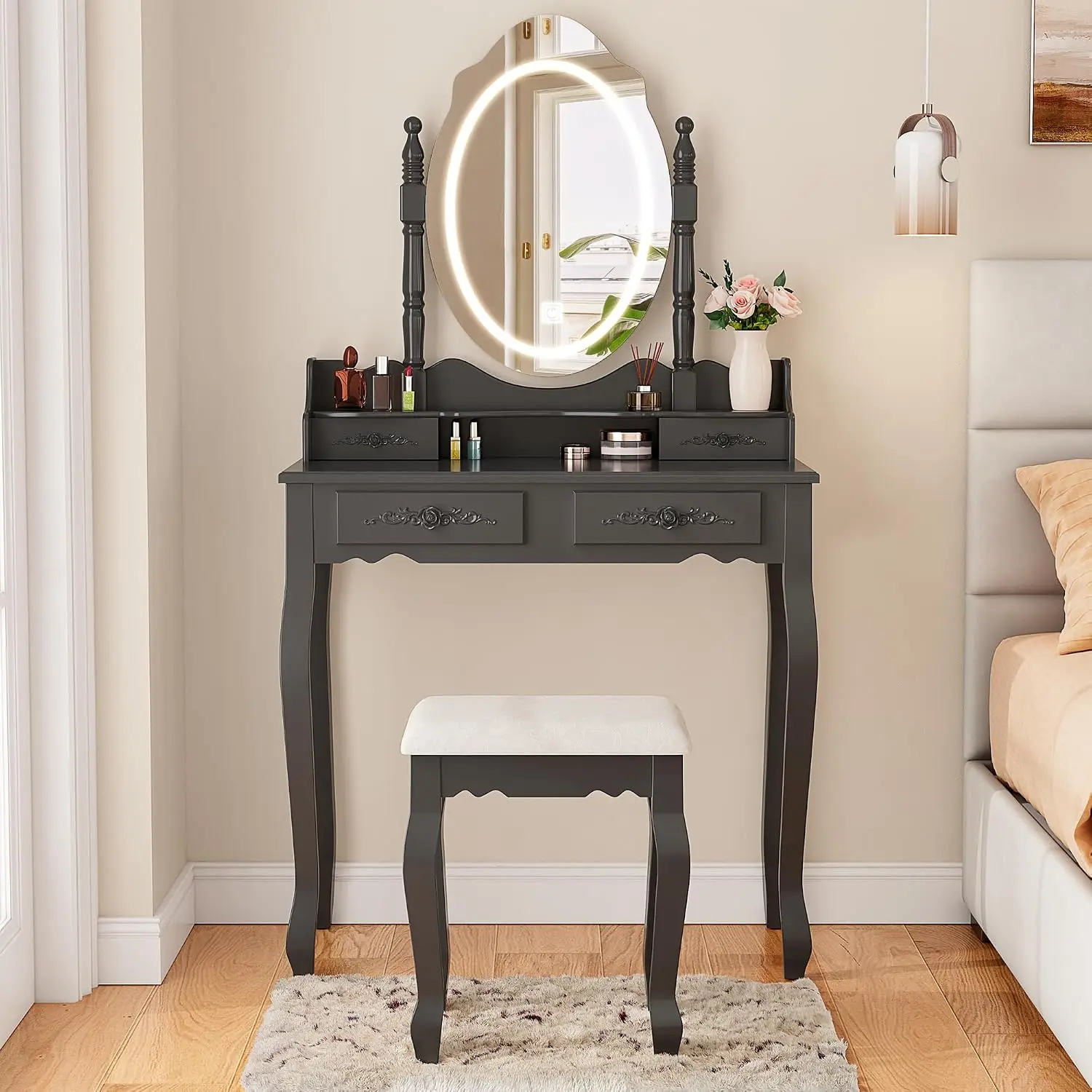 Vanity Desk with Mirror and Lights, Modern Vanity Makeup Table and Cushioned Stool Set with 4 Drawers,  Customized
