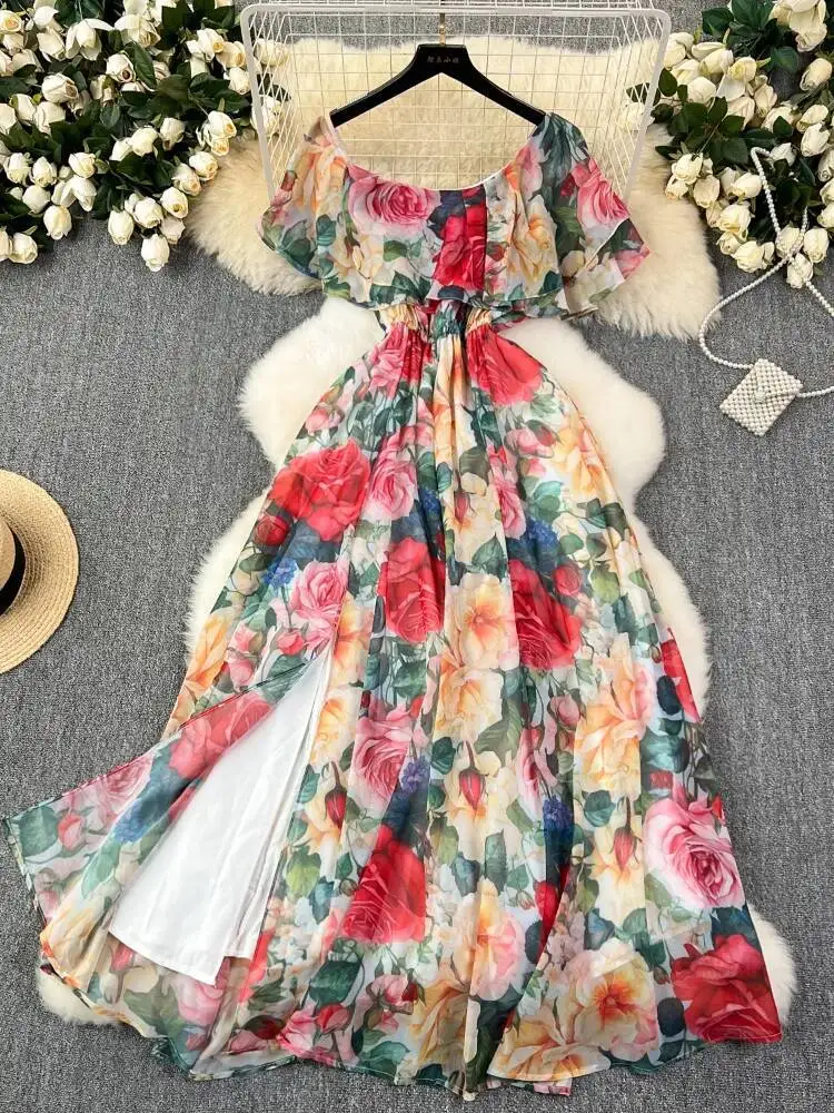 

Women Floral Dress Sexy Off The Shoulder Printed Beach Long Dresses Ladies Summer Short Sleeve Ruffles Vintage Chiffon Robe