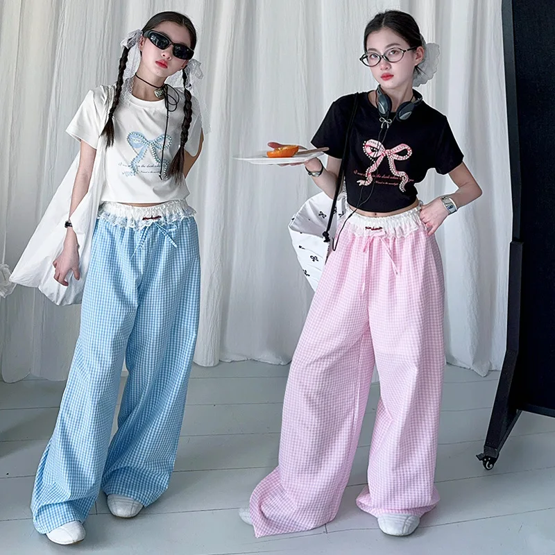 

Two-piece Set Pearl Bow Printed T-shirt Lace Trim Pants Grils Children New Sweet Cool Fashionable Comfortable Short Sleeves