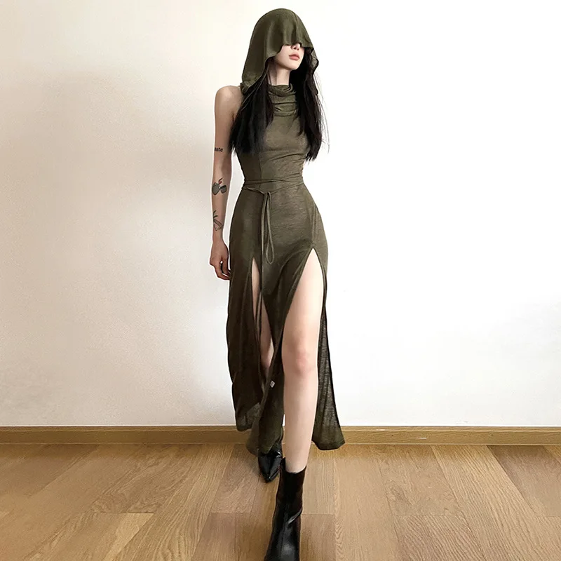 Hollow Out Midi Dress Women Sexy Split Side Solid Streetwear Goth Dark Cyber Gothic Desert Walker Hooded Dresses Y2k Punk Grunge