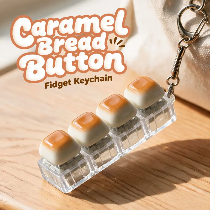 Portable 4 Buttons Bread Keyboard Clicker Fidget Keychain Clicky Finger‑Press Sensory Decompression Toy Novelty Bag Pendant Gift