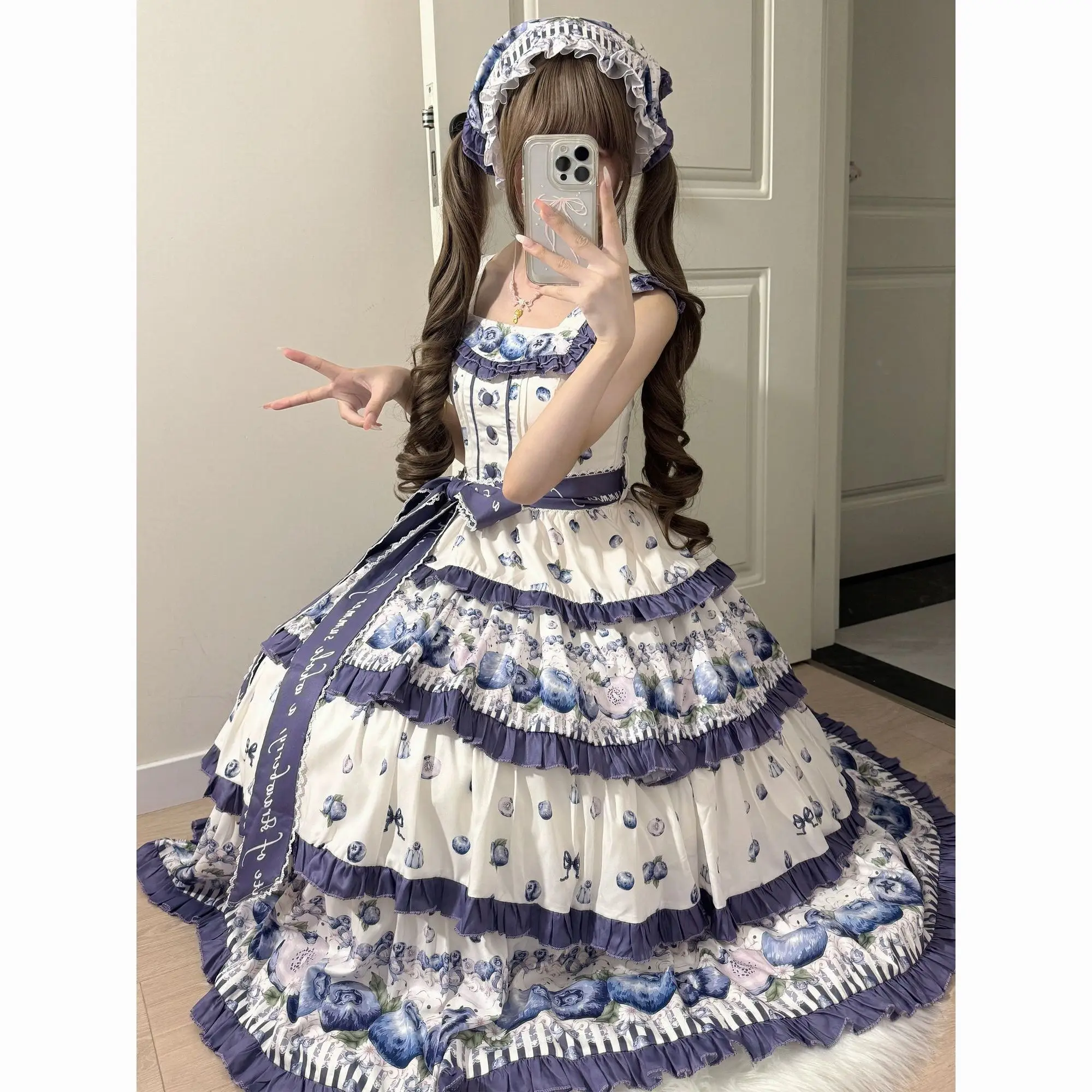 MAGOGO Cute Sweet Lolita JSK Dress For Women Belt Bow Blueberry Print Ruffles Sleeveless Victorian Princess Party Dresses