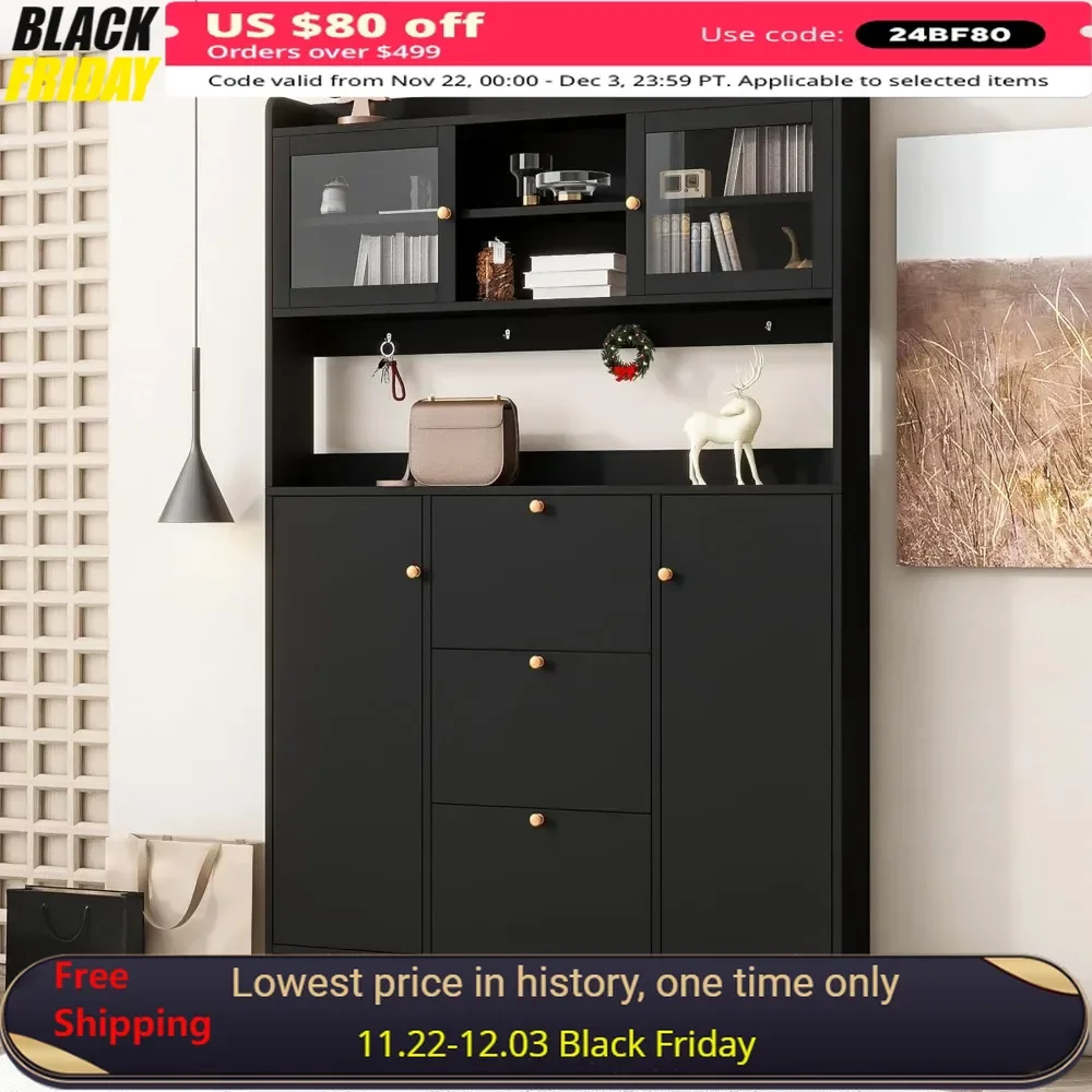 

55" Contemporary Shoe Cabinet with 4 Hooks Open Storage Platform Tempered Glass 3 Flip Drawers Versatile Shoe Rack