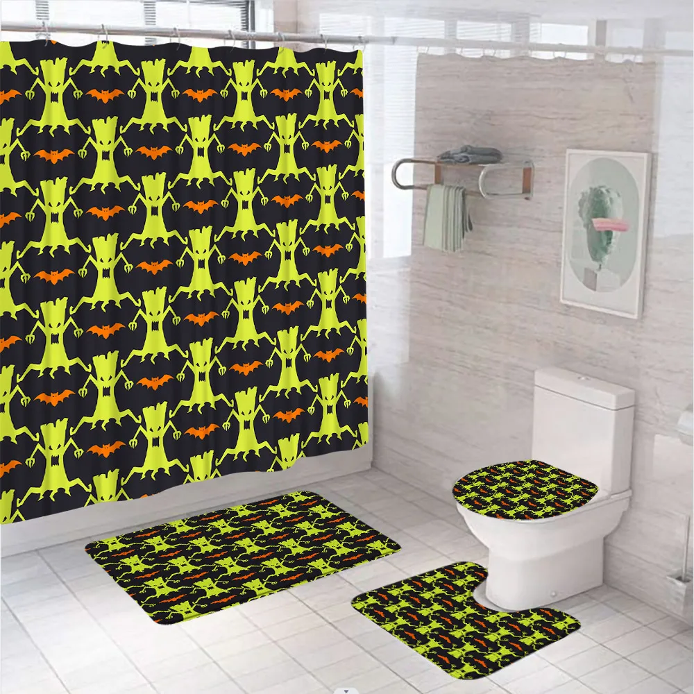 Horror Halloween Shower Curtain Set Bats Dead Tree Pumpkin Skull Cloth Bathroom Screen Decor Non-Slip Bath Mat Rug Toilet Cover