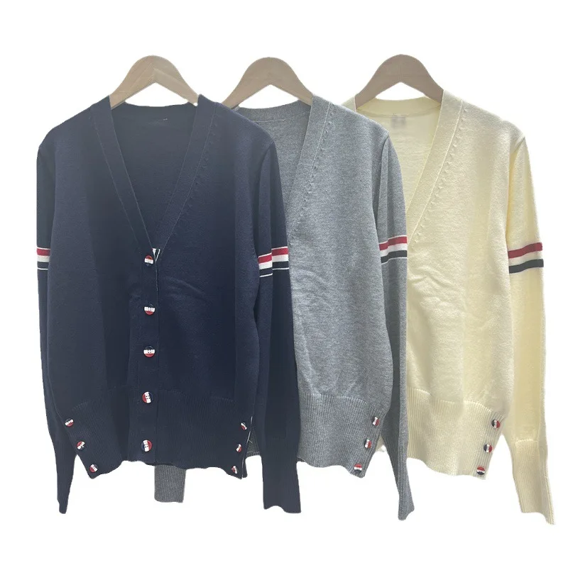 Women Casual Cardigan, Spring  Stripe  Knit  Sweater ,Preppy  Jackets , Grey Color  , Long-sleeved Loose Jumpers, Y2k traf