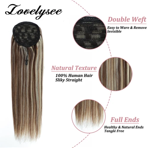 Imagen 2 del producto Extensión de cabello humano con cola de caballo recta, cola de caballo brasileña con cordón, cabello humano para mujer, 100% extensiones de cabello Remy con Clip Ins