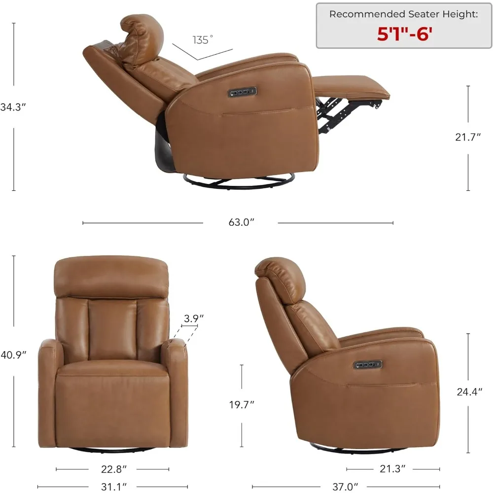 Leather Power Swivel Recliner Chair,for Living Room with Adjustable Headrest,Electric Rocker Recliner