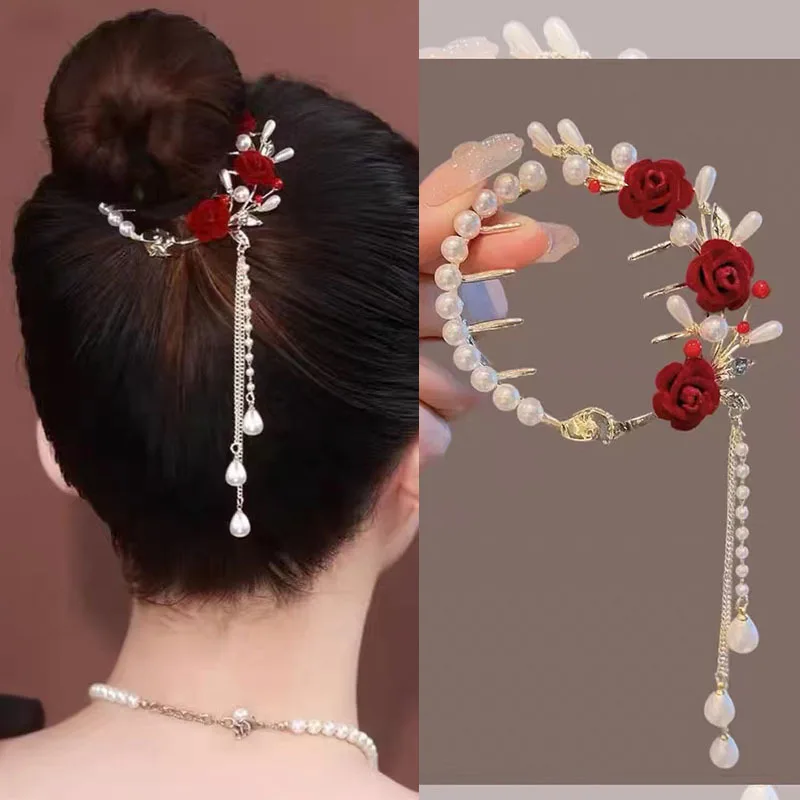 Women Barrette Girl Ponytail Holder Hairpins Fringe Hair Accessories Elegant Tassel Hair Claw Rhinestone Pearl Flower Hair Clip