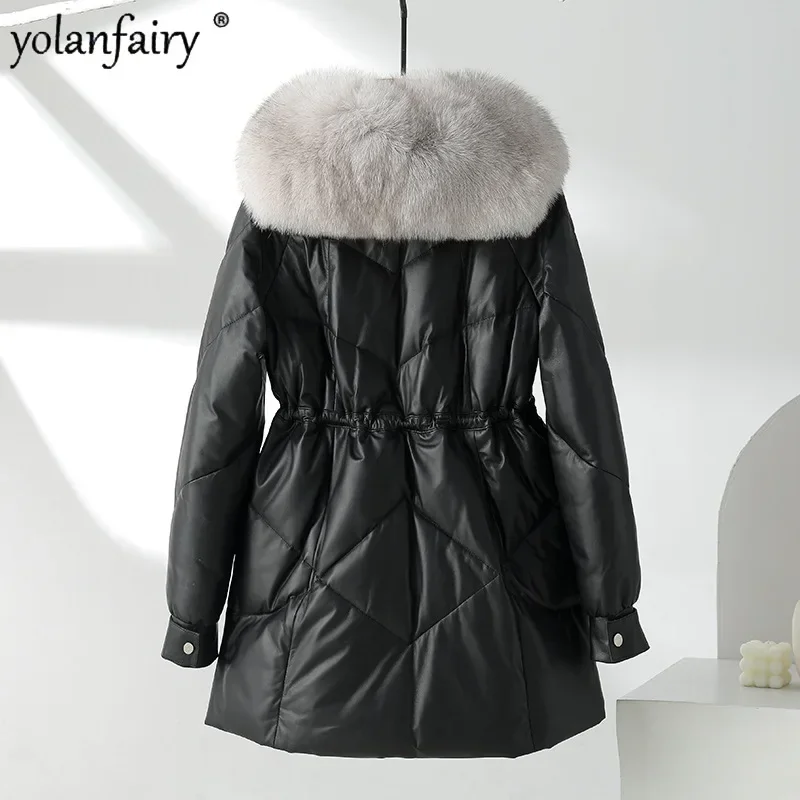 Winter New 2023 Women's Fox Fur Collar Genuine Leather Down Jackets Medium Long Loose Versatile Real Sheepskin Jacket for Women