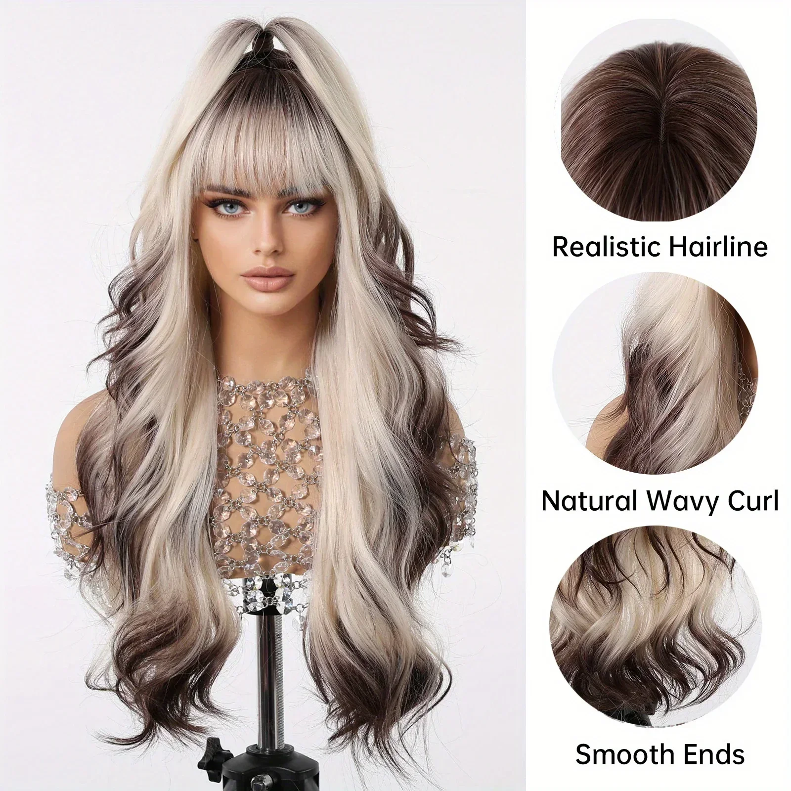 23-calowa gradientowa brązowa peruka z grzywką, złote mieszane brązowe peruki damskie, długie faliste peruki z grzywką, syntetyczne