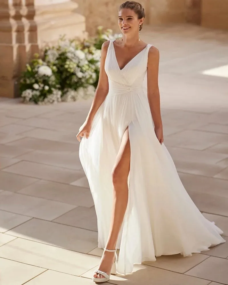 

Elegant Wedding Dresses 2026 V-Neck Sleeveless Beads Embroidery A-line Chiffon Bride Dress Bridal Gowns Vestido De Noiva