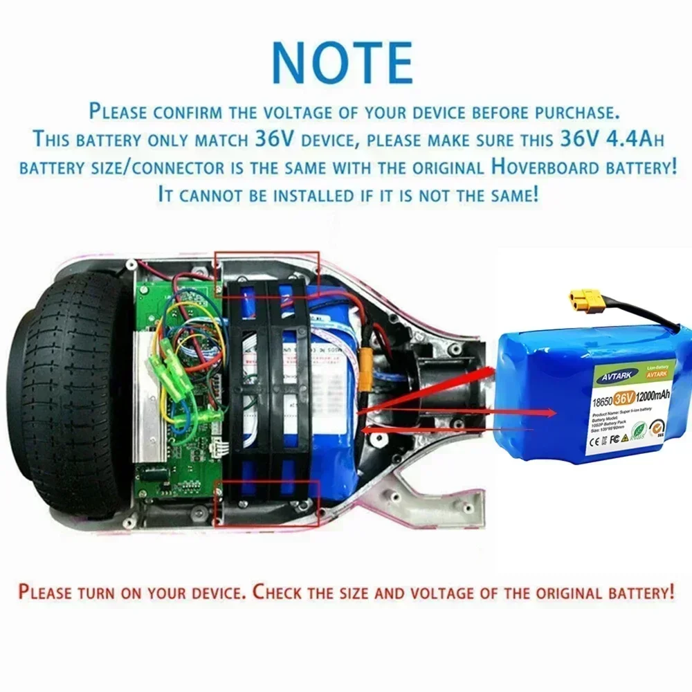 Genuine 36V 12Ah 10s2p Battery Packs Rechargeable Lithium Ion Battery for Electric Self Balancing Scooter HoverBoard Unicycle