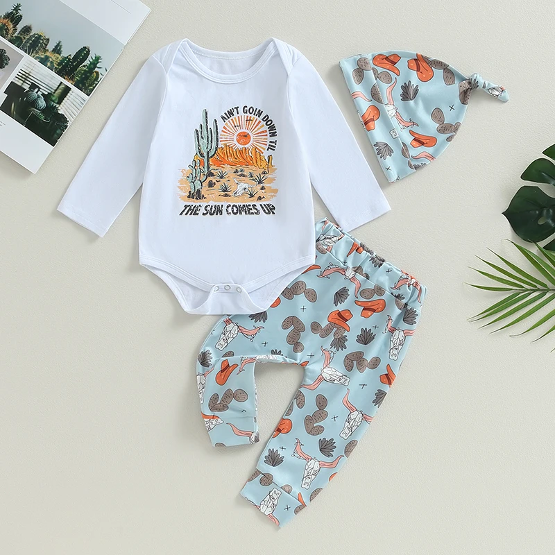 Baby 3Pcs Fall Outfits Western Long Sleeve Romper Pants Knot Hat Set Newborn Clothes