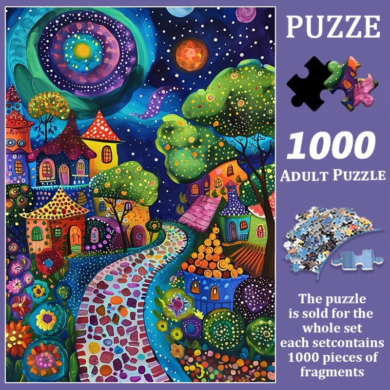 

1000 шт. пазл для взрослых — яркая ночная деревенская сцена с красочными домиками и звездным небом, большой размер 14,96x10,24 дюйма D