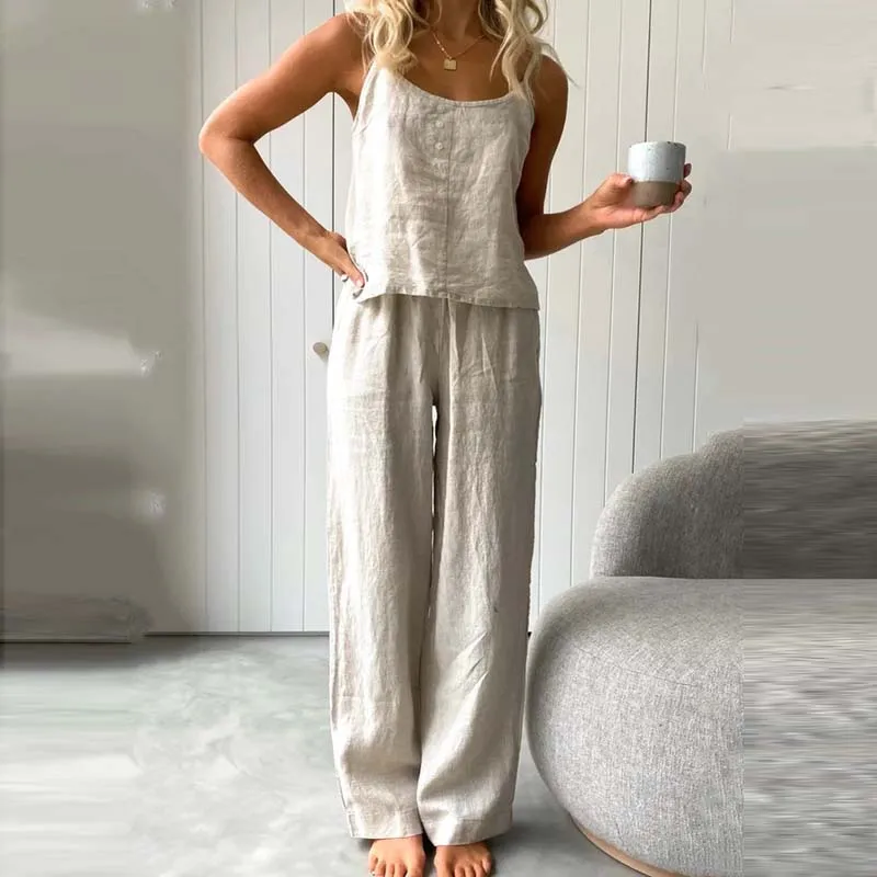 Summer Pajamas Set Women Sexy Home Clothes Sleepwear Tank Top Suit With Long Pants Spring Solid Soft Cotton Linen Female Outfits