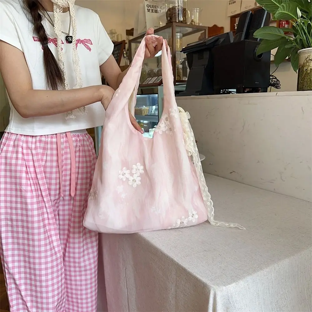 

Fresh Color Flower Embroidery Vest Bag with Lace Ribbon Korean Style Vacation Tote Bag Office Worker Tote Solid Color