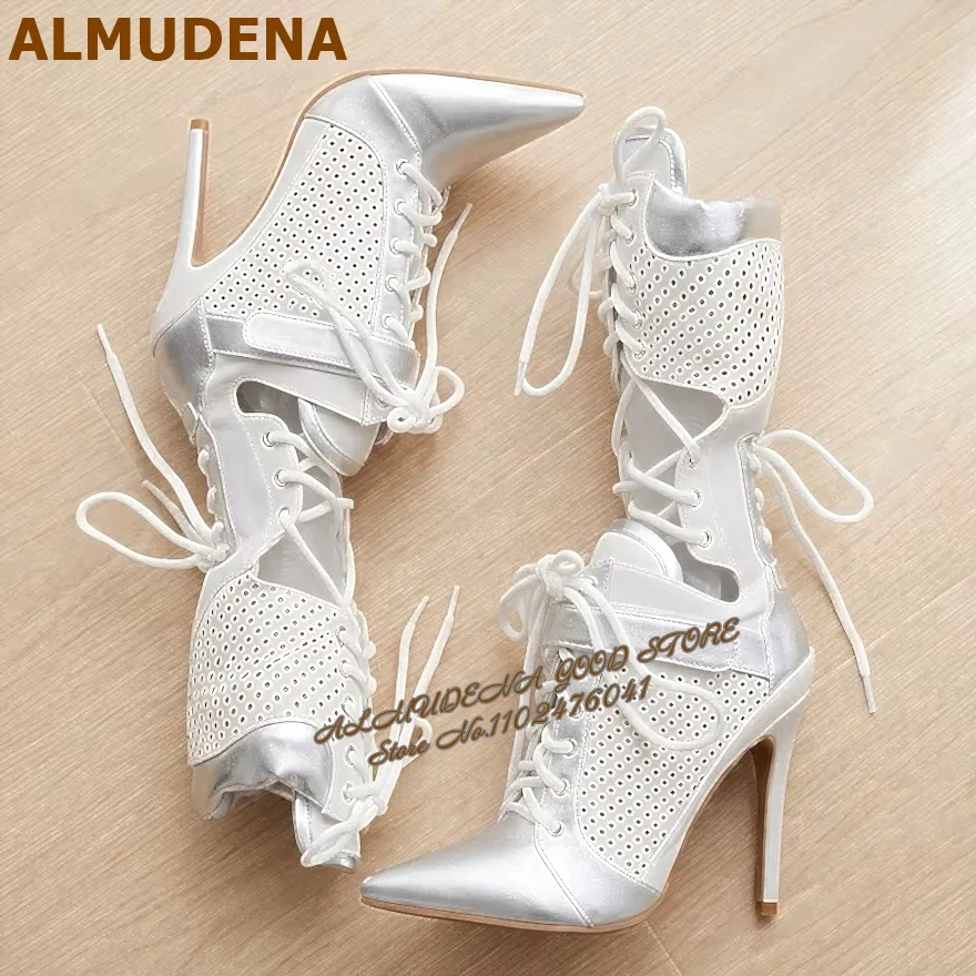 ALMUDENA Silver Padded Collar Mid-Calf Sandal Boots Stiletto Heels White Small Hole Lace-Up Cool Boots Pointed Toe Splited Shoes