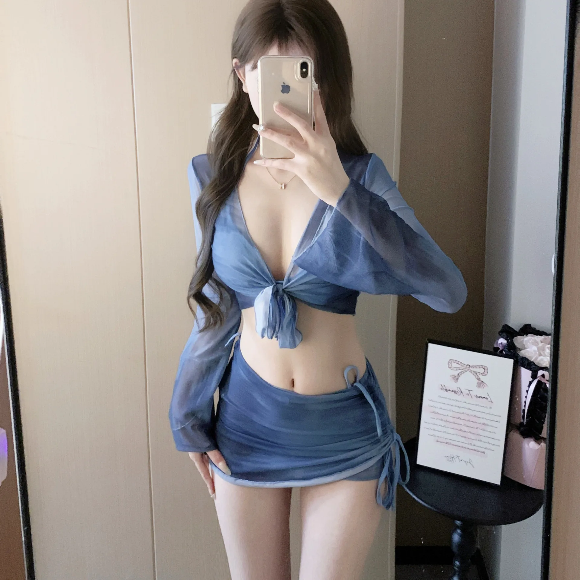 Korean 4 Piece Bikini Set Women Blue Tie Dye Mesh Long Sleeve Cover Up with Pleate Skirt Swimsuit Beach Bathing Suit Swimwear