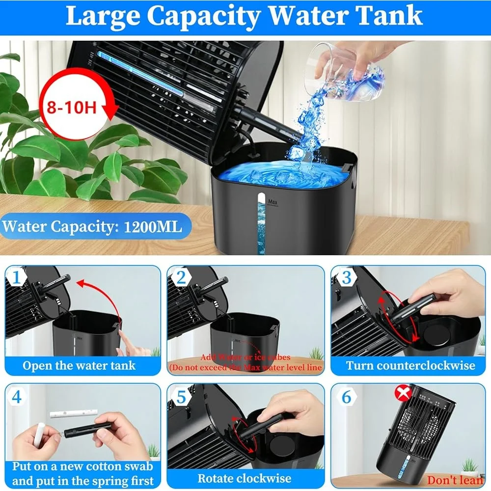 Upgraded Portable Air Conditioners Mini Evaporative Cooler with 3 Speeds Humidifier Fan LED Light USB Home Office Outdoor