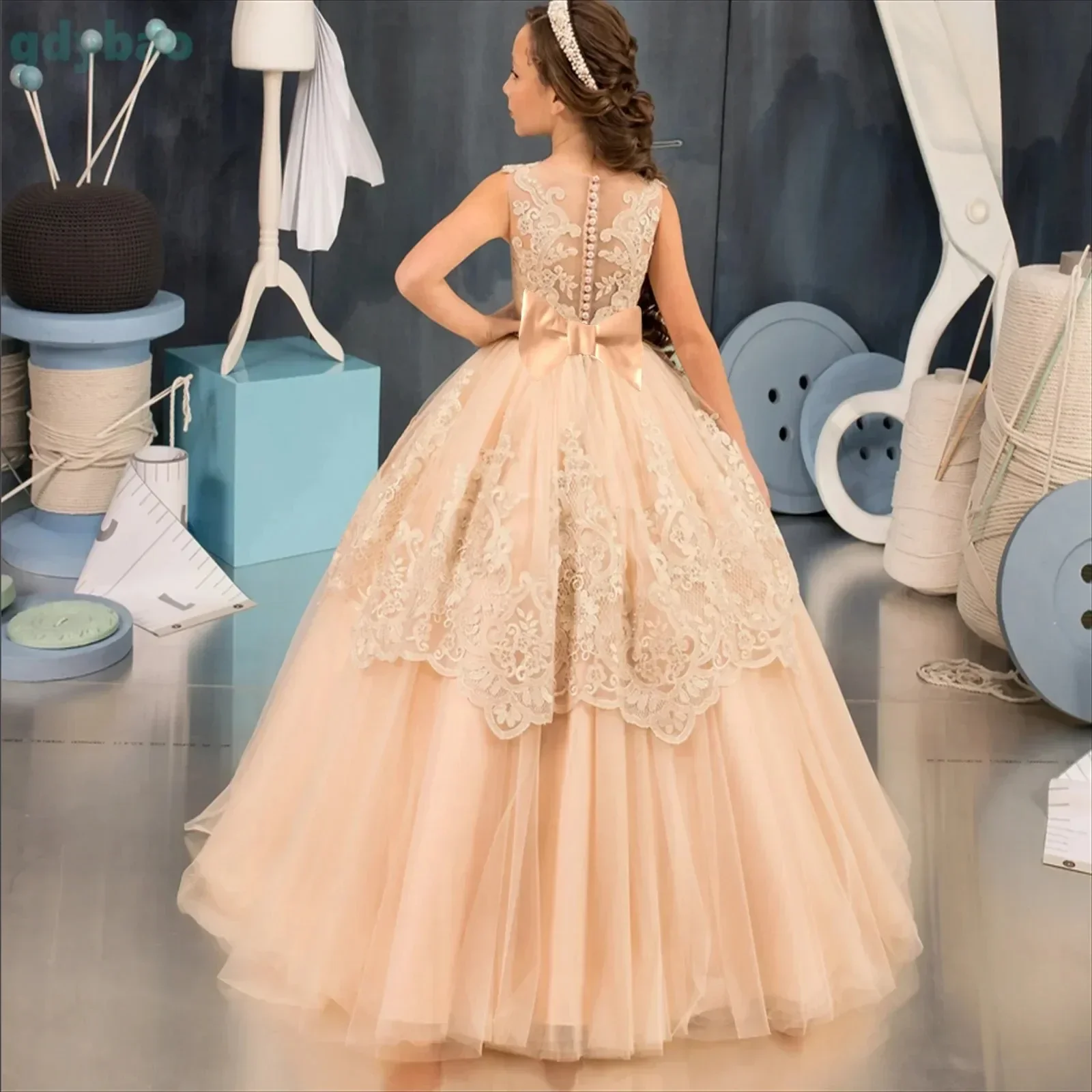 

Кружевные аппликации длиной до пола, детское платье для дня рождения, первого причастия, платья с цветочным узором для девочек на свадьбу