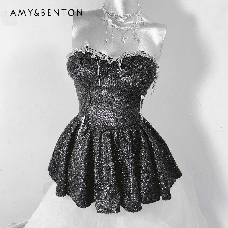 Origineel ontwerp zware industrie puur zwart gothic sprankelende pailletten dames sling punk 2025, nieuwe zoete coole sexy shorts pak dames