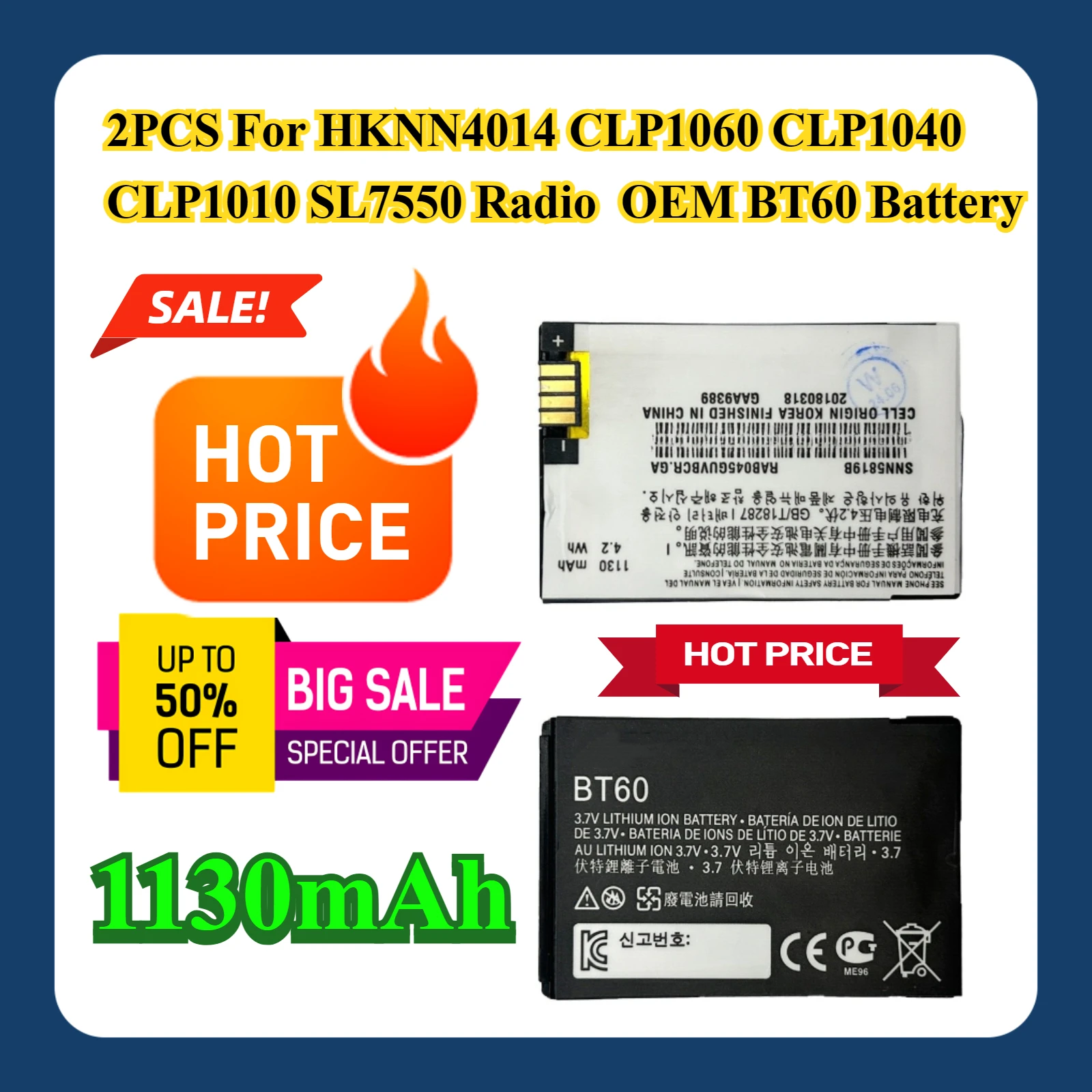 

2PCS For HKNN4014 CLP1060 CLP1040 CLP1010 SL7550 Radio OEM BT60 Battery 1130mAh