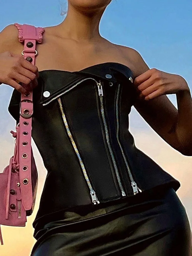 SUCHCUTE Punk Style Zip Up Corset Tops Black Leather PU Gothic Buttons Sleeveless Tube Tank Top Racing Moto & Biker Camis 2022