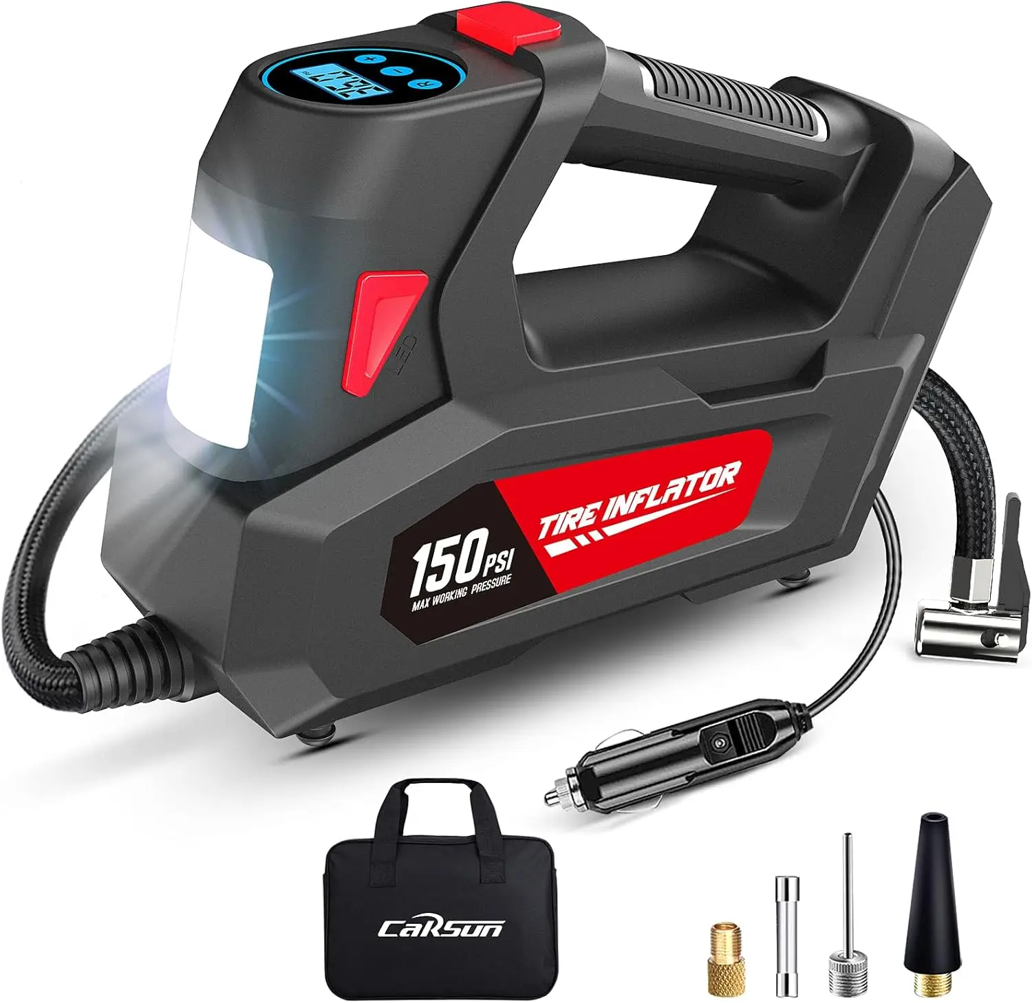 

Portable Air Compressor 12V DC with Digital Gauge & LED Light for Car, Motorcycle, Bike Tires