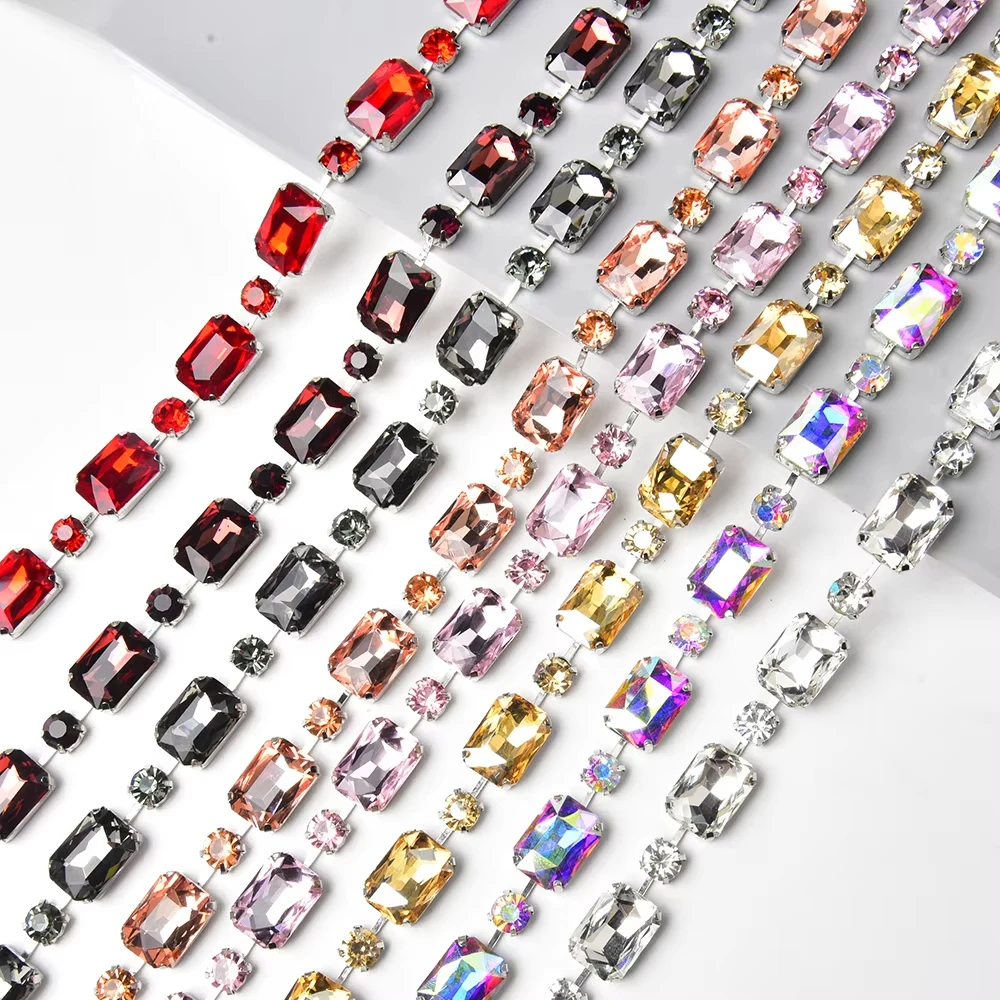 

1Yard Round and Rectangle Rhinestone Chain For Women Shiny Multicolor Rhinestone Choker Necklace Wedding Bridal Party Jewelry