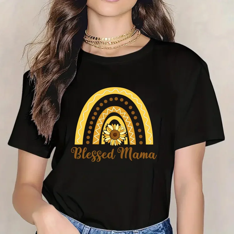 

Cotton 100% Women's Rainbow Pattern Printed Round-neck Short-sleeved T-shirt, New Summer Sleeved Top Base Layer Graphic Tshirts