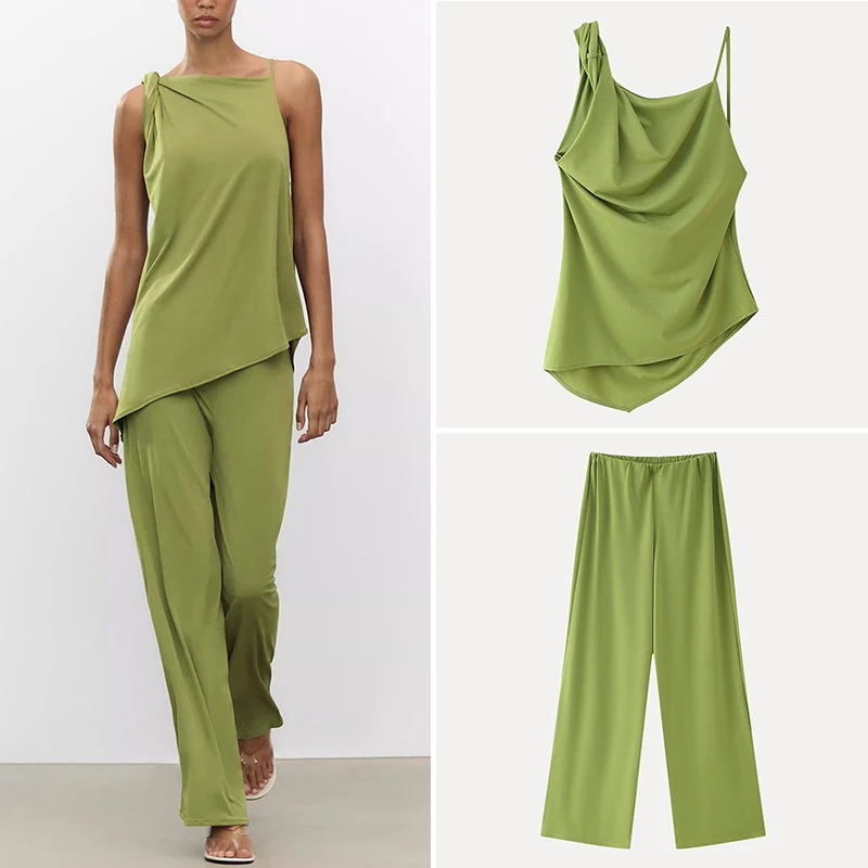 

Z Summer 2025 Women's Faion Set Polyester Fiber Svel Pleated Top And Long Pants Ensemble New Arrival