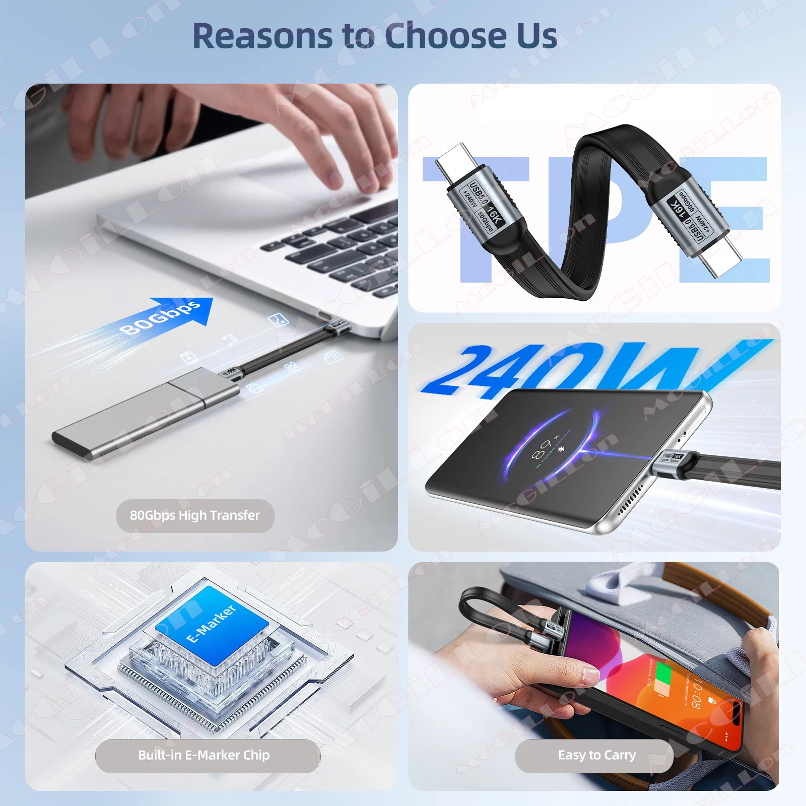 0,15M/0,3M/0,5M/1M 80Gbps USB5 Flaches USB-C-Kabel 240W 16K Typ-C-zu-C-Kabel für Thunderbolt5 für MacBook Samsung Xiaomi Huawei SSD – Detail 10
