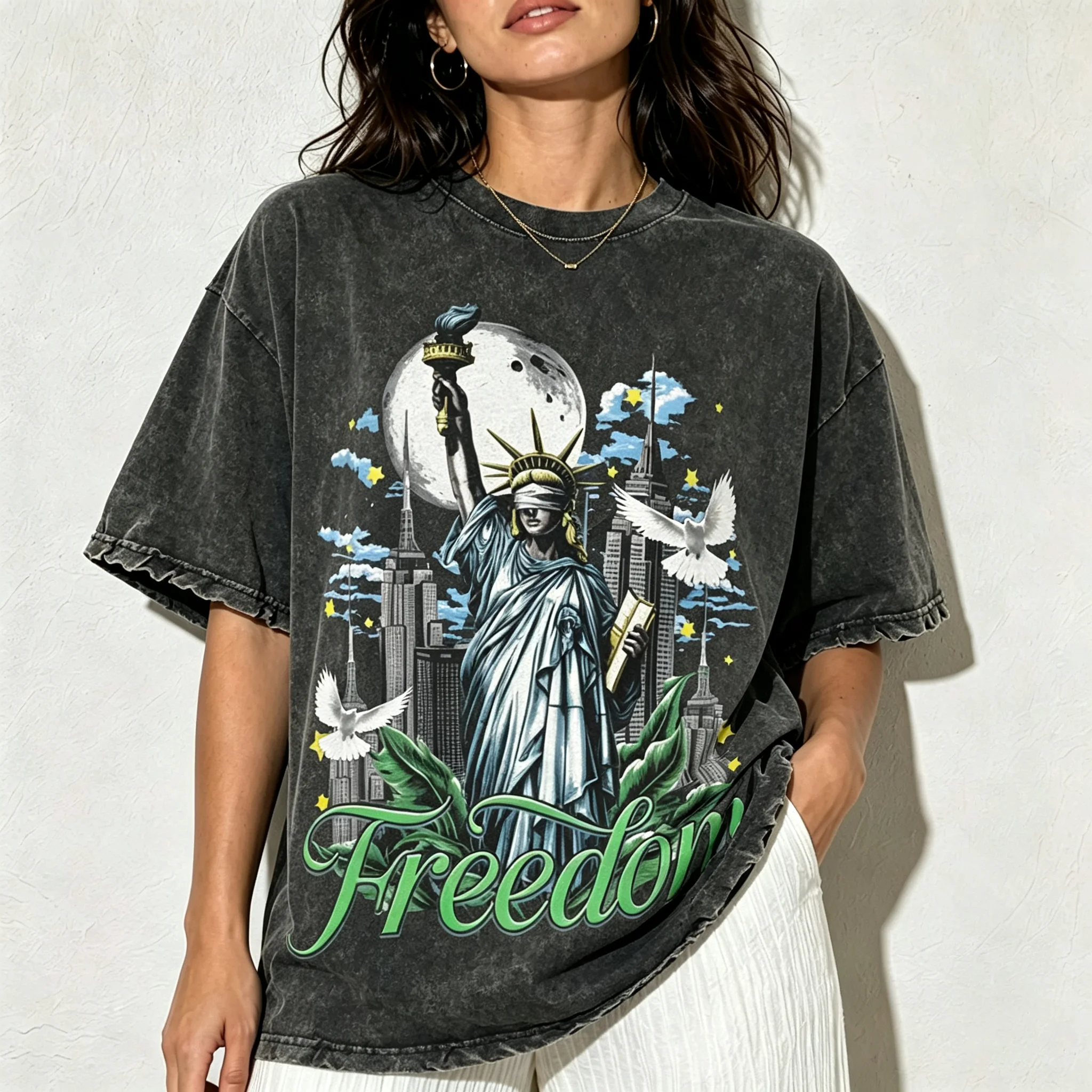 Vintage Washed Statue Of Liberty Freedom Graphic T‑Shirt City Skyline Dove Print Oversized Streetwear Casual Short Sleeve Tee