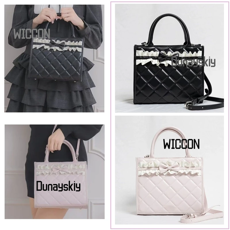 Jirai Kei-Bolso de mano japonés Piummm para mujer y niña, bolso de encaje con lazo y rejilla de diamante rosa y negro, regalos de fiesta diarios Kawaii