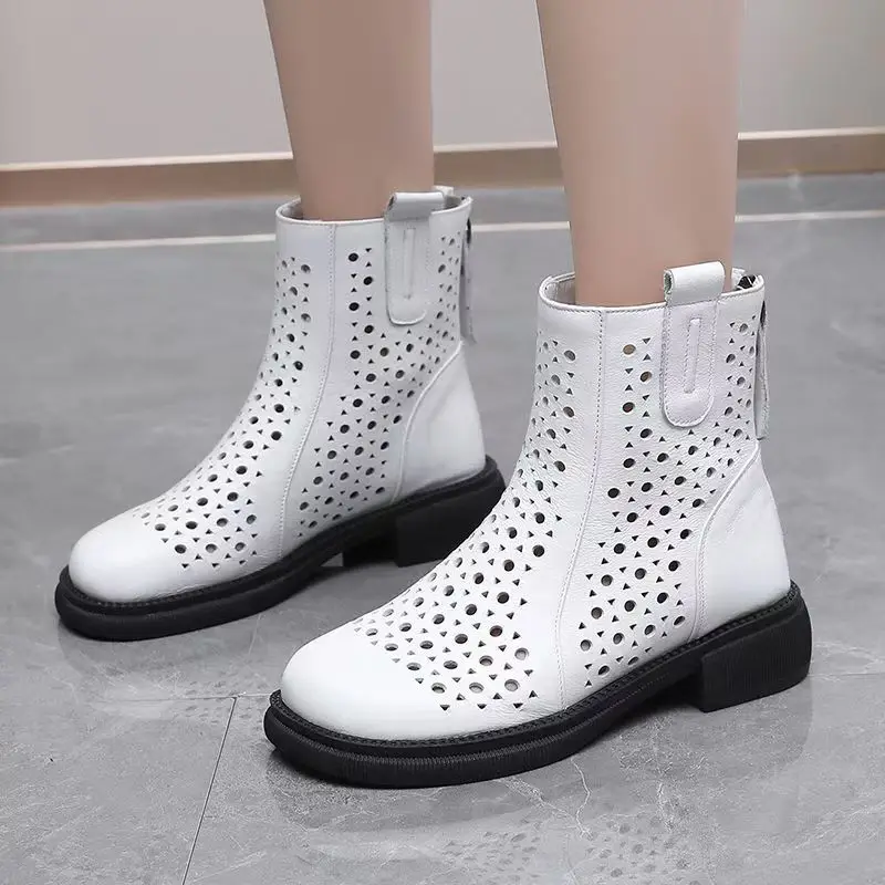 

Women's Big Size Leather Hollow Out Cool Boots Spring Summer New Soft Sole Non Slip Round Toe Block Heel Zippers Ankle Boots