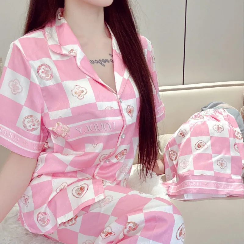 

Лето 2022, всесезонные розовые шелковые пижамы, женские брюки с короткими рукавами, комплект из трех предметов, шелковая ночная рубашка для покера, одежда для сна, домашняя одежда