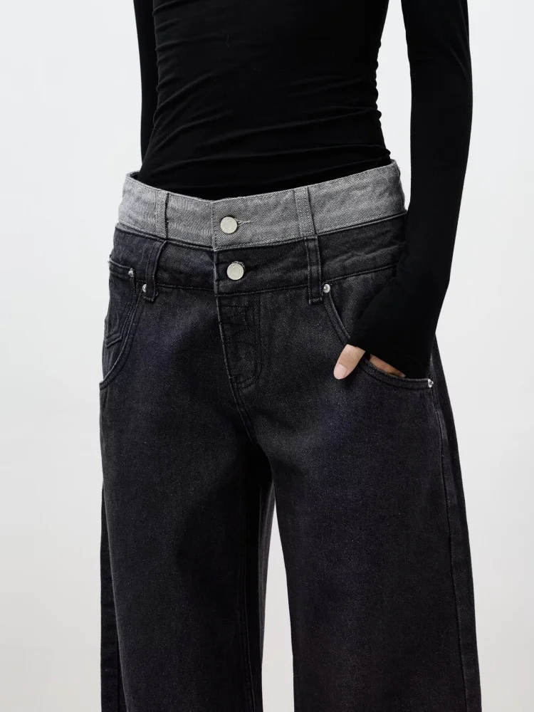 2025 Trend Y2K New Fashion Double Waistband Black Grey Baggy Women's Jeans Pants For Woman Clothes Straight Cotton Long Trousers