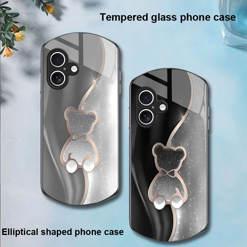 

Trompe L'oeil Bear For Apple IPhone 16 11 13 15 14 Pro Max 12 Mini 7 8 Plus XR X XS Elliptical Shaped Tempered Glass Phone Case