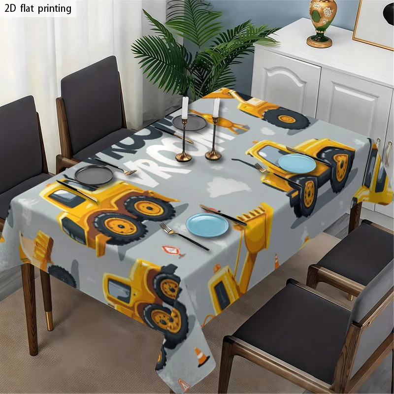 Cute Construction Vehicle Tablecloth Waterproof Dining Table Cover for Kids Party Decor Playroom