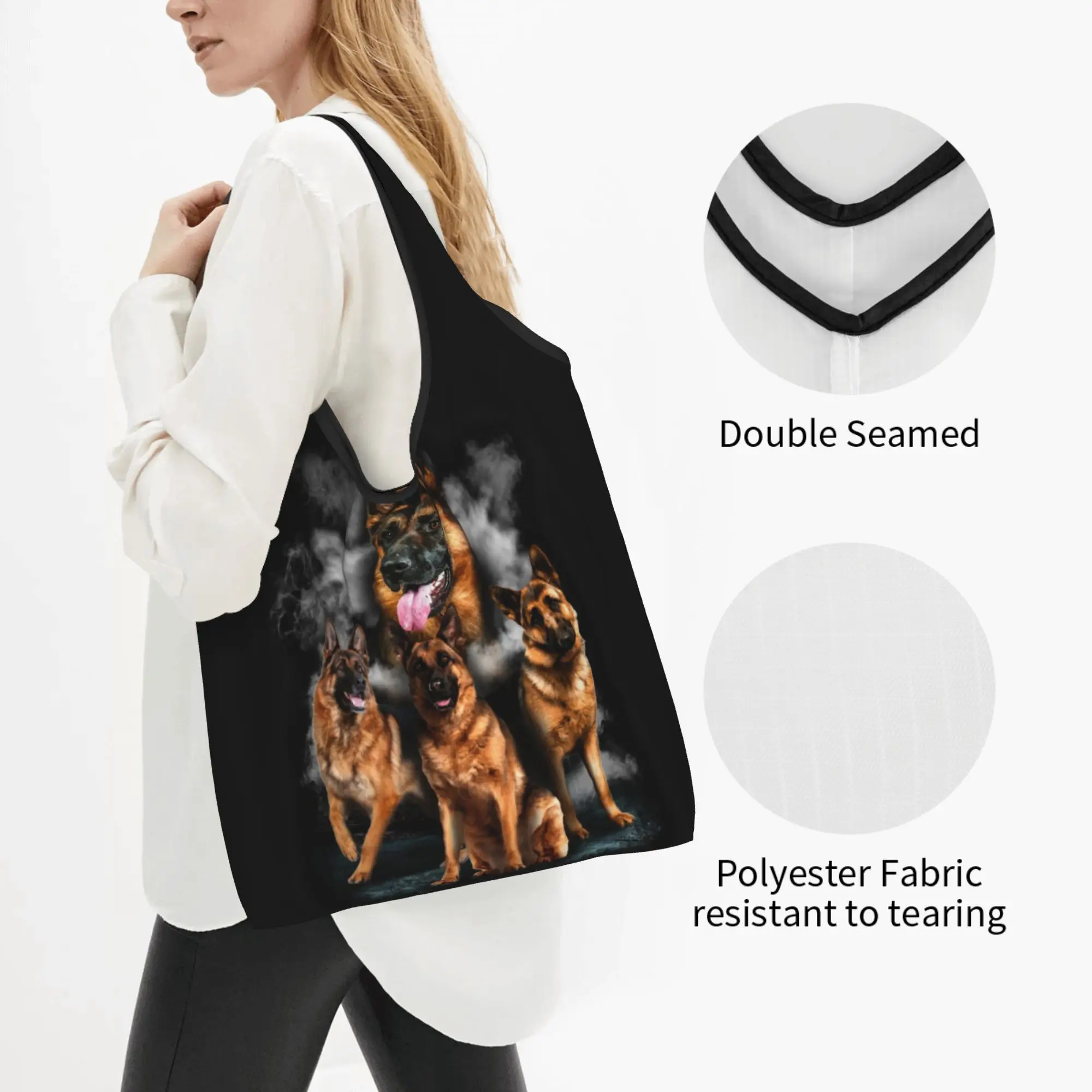 Kawaii German Shepherd Dog Shopping Tote Bags Portable Animal GSD Grocery Shoulder Shopper Bag