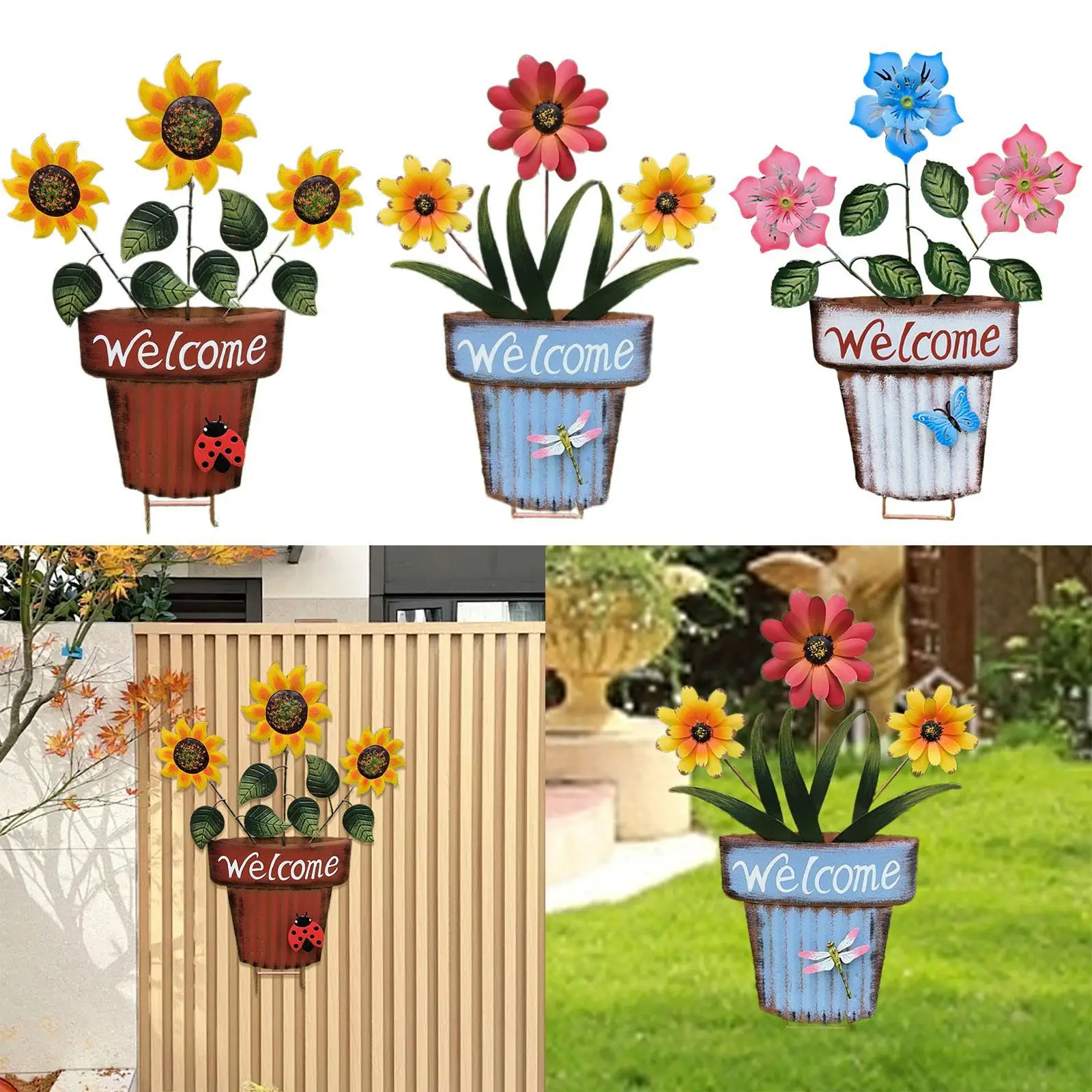 Flower Pot Garden Stake 2D Decor Decoration for Landscape Backyard Pathway