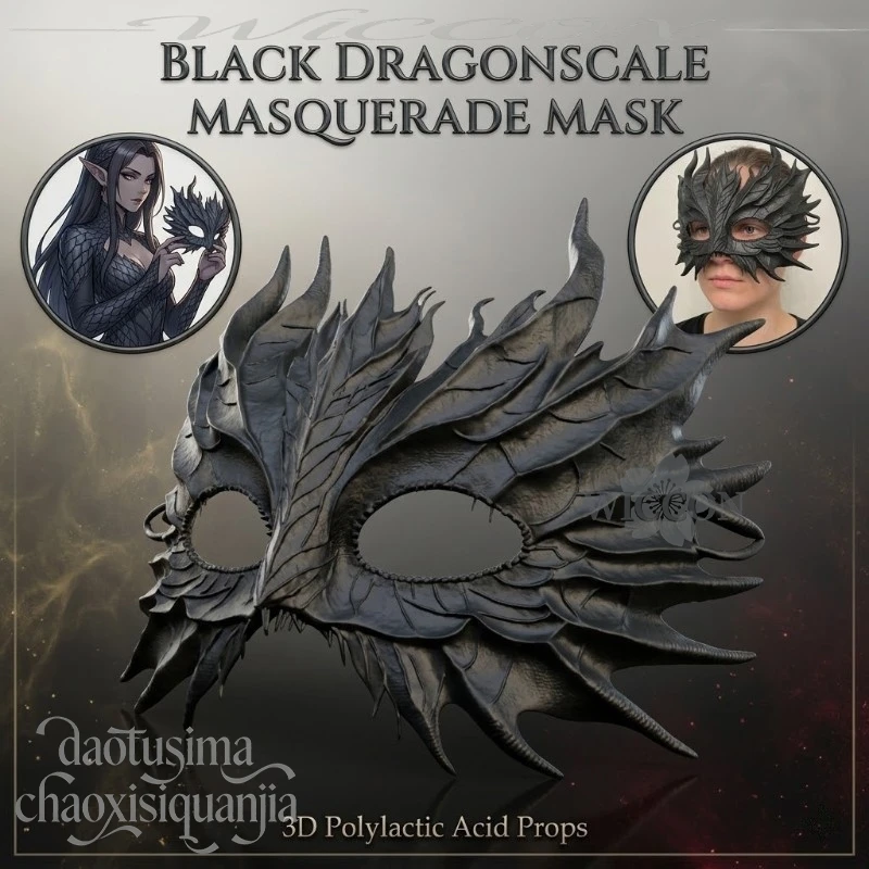 Anime Game Cosplay Prop Black Dragonscale 3D PLA Mask for Horror Halloween Party and Masquerade Roleplay