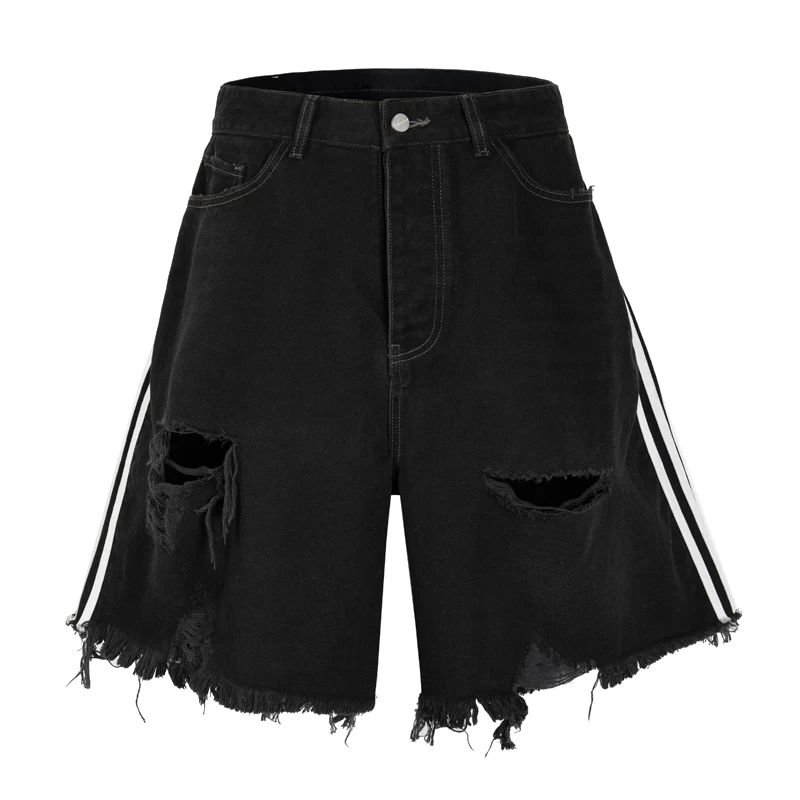High Street Ripped Tassel Denim Shorts Men's Distressed Cropped Streetwear Casual Loose Streetwear Jeans Pants