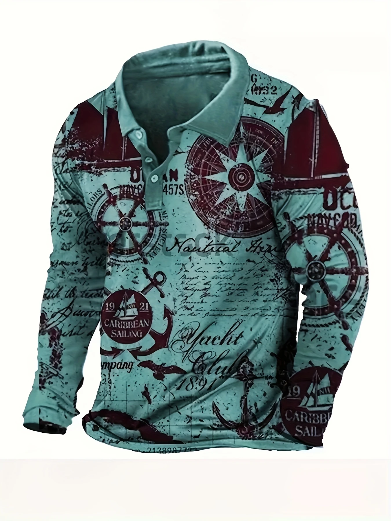 Men's Nautical Print Long Sleeve Polo Shirt Vintage Sailing Anchor Compass Design 2026 New Casual Button Down Top For Daily Wear