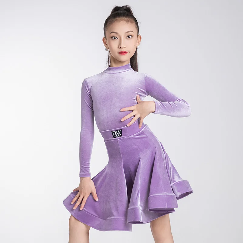 

Kids Latin Dance Clothes Winter Girls Purple Velvet Dress Long Sleeves Suit Cha Cha Training Wear Competition Dress DNV21412