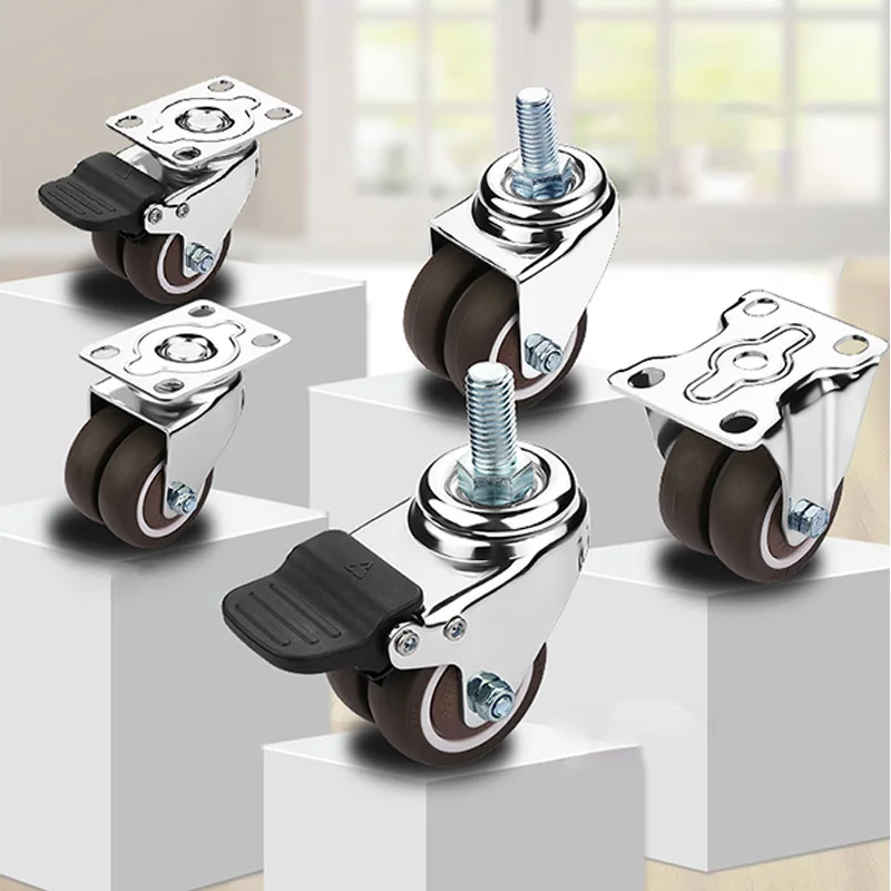 4pcs 1.5/2 Inch Double Caster Wheels Rubber Heavy Duty Universal Silent Roller For Platform Trolley Furniture Accessores With Br