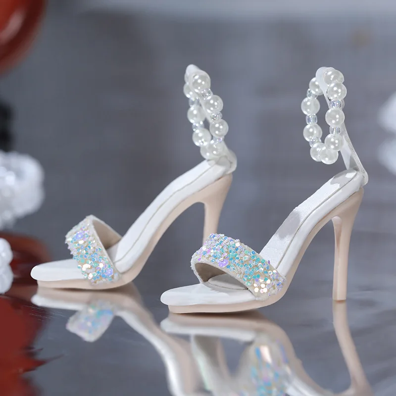 Doll High‑Heeled Shoes, 1/4 Scale Doll Sandals, Pearl Rhinestone Decor, Handmade Doll Footwear, Dress Up Accessories