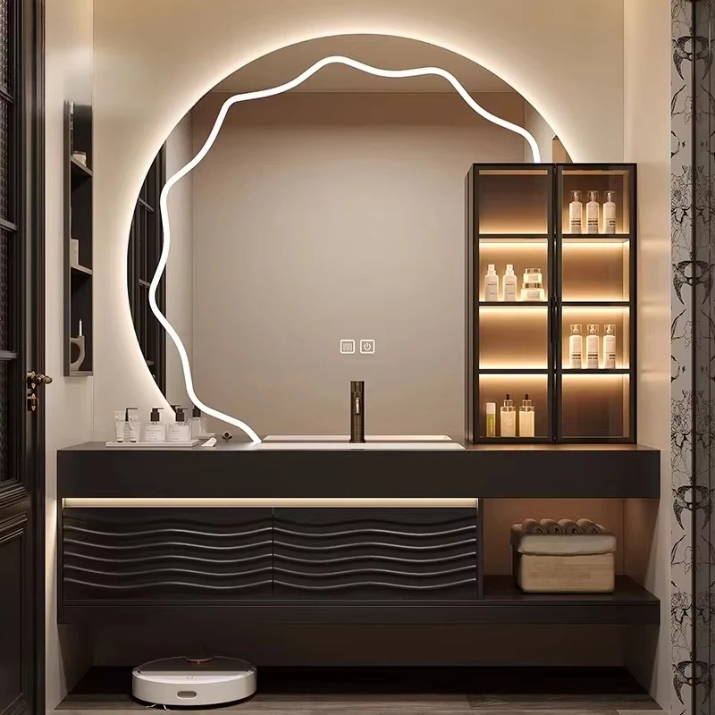 &c The model high-quality luxury bathroom vanity is equipped with a sink and a mirror with LED lighting, featuring a modern