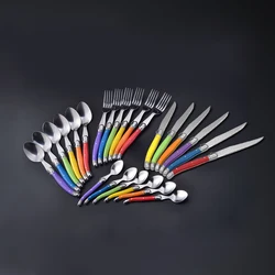 4-24pcs Rainbow Laguiole Cutlery Colorful Dinnerware Steak knives Dinner Fork Tablespoon Teaspoon Black Dinner set Tableware Bar