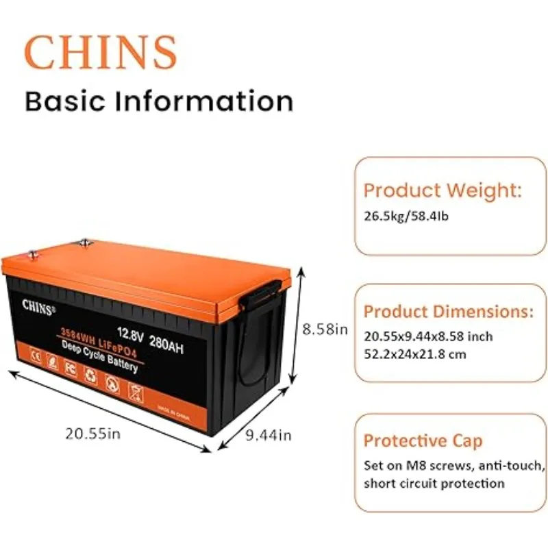 CHINS LiFePO4 Battery 12V 280AH Lithium Battery, Built-in 200A BMS, 6000+ Cycles, Includes Low Temperature Cut-off Function